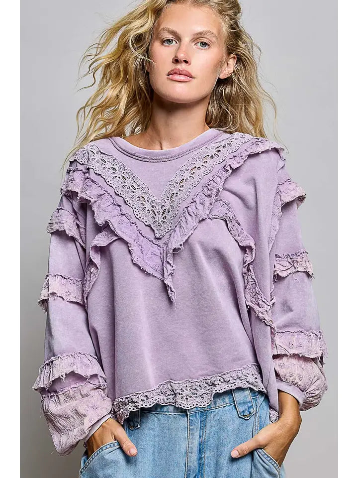 French Terry Eyelet Ruffle Vintage Washing Solid Knit Top - POL
