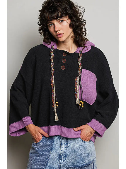 Hooded Drawstring Black Chenille Sweater - POL