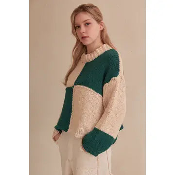 Color Block Loose Fit Emerald Sweater - Mello