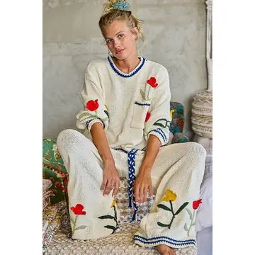 3D Embroidered Cream Chenille Sweater- POL