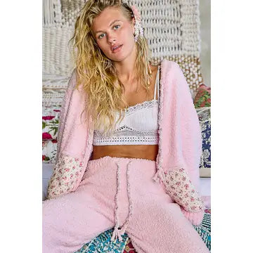 Floral Printed Cozy Berber Pink Jacket - POL