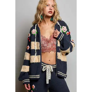 Embroidered Chenille Zip Up Charcoal Top - POL