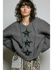 V-Neck Star Lace Patch Sweater - POL