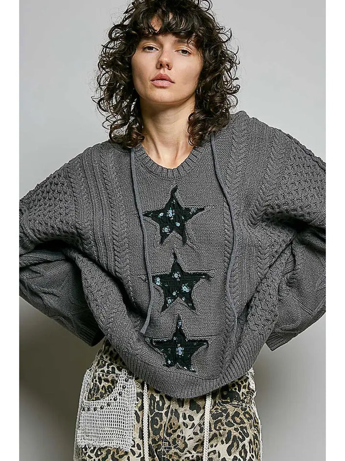 V-Neck Star Lace Patch Sweater - POL