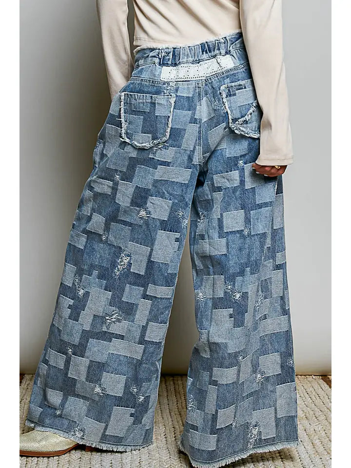Patchwork Denim Floral Embroidered Pants - POL