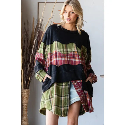 Oli&Hali Black Patchwork Plaid Tunic Top