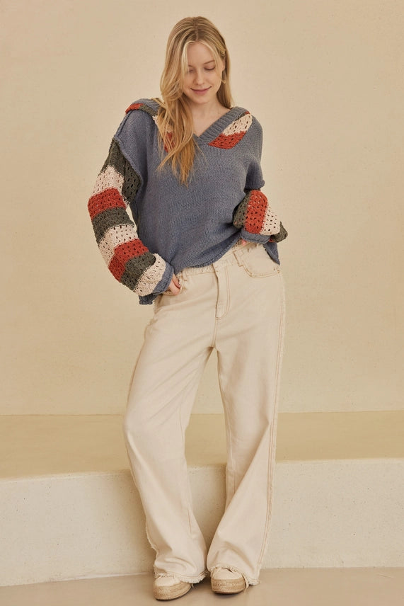 Hooded Stripe Crochet Sweater - Mello