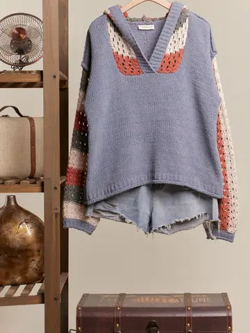 Hooded Stripe Crochet Sweater - Mello