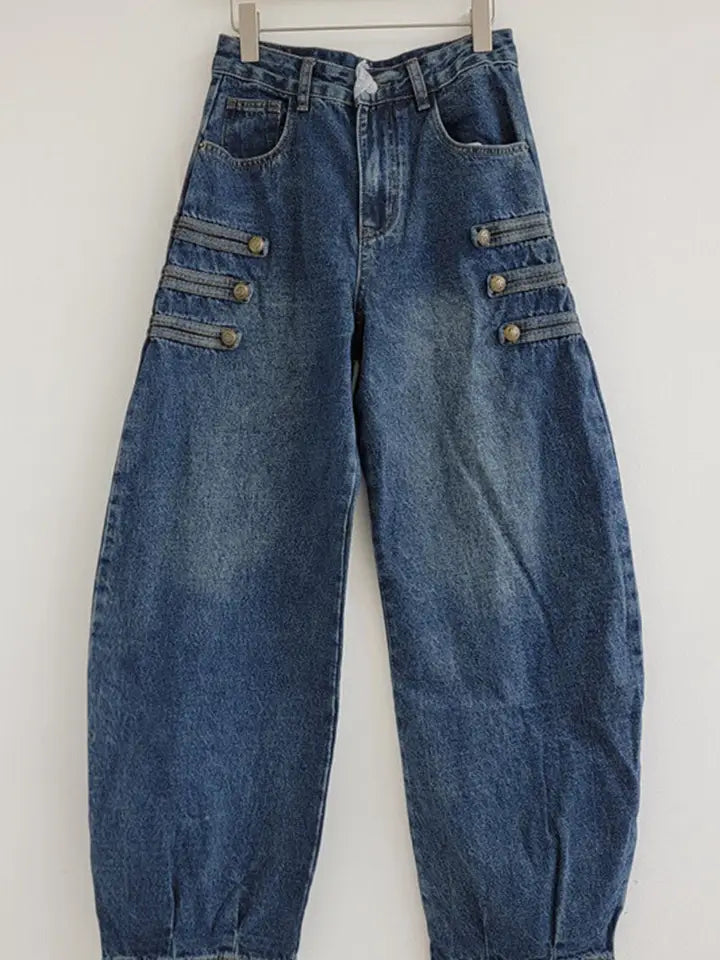Button Detail High Waist Barrel Jeans