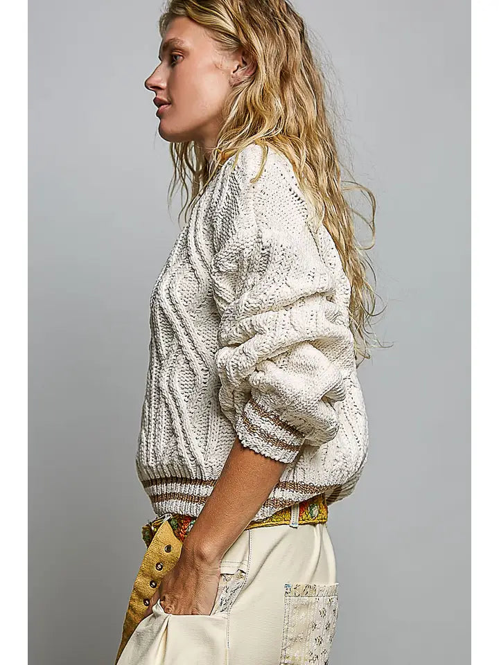 Cable Knit Crewneck Cream Sweater - POL
