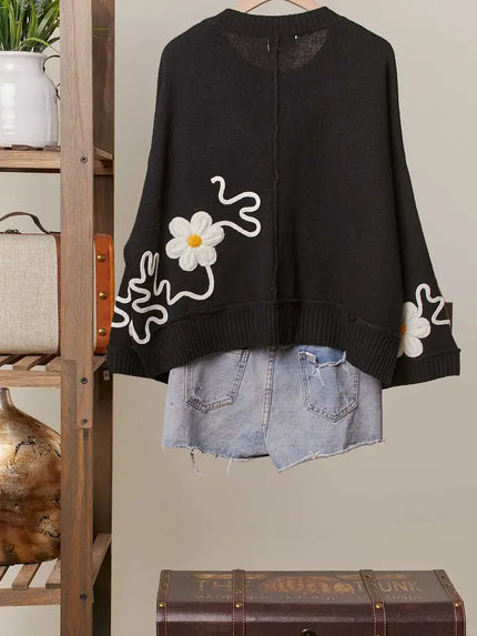 Floral Embroidered Black Cardigan - Mello
