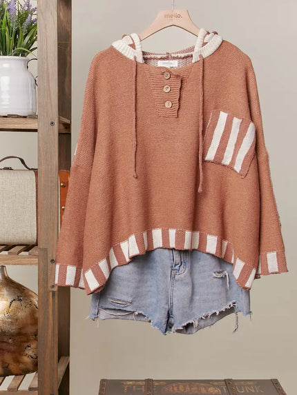 Color Block Stripe Hoodie Rust Sweater - Mello
