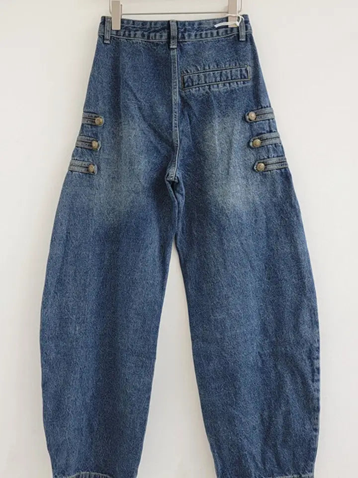 Button Detail High Waist Barrel Jeans