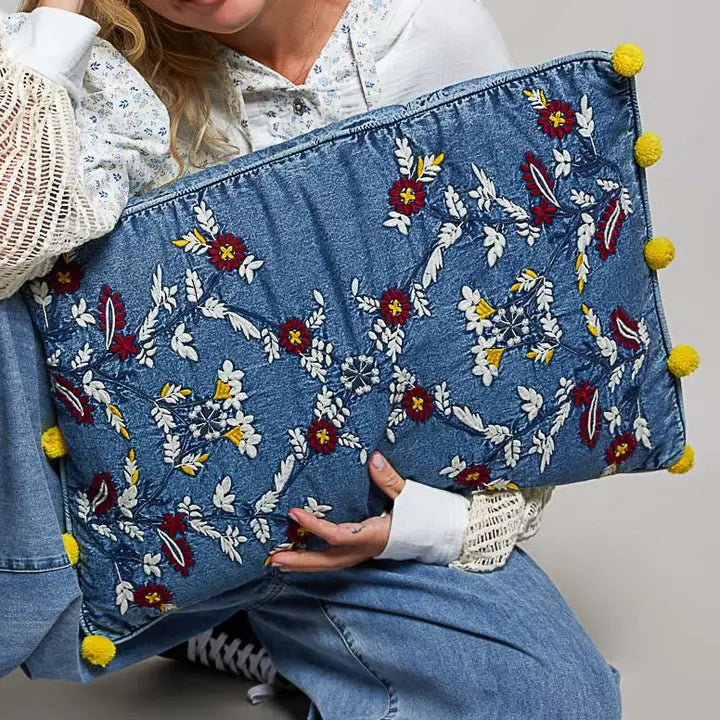 Botanical Pom-Pom Accent Denim Cushion - POL