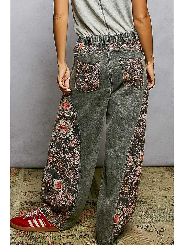 Textured Twill Floral Pattern Pants - POL