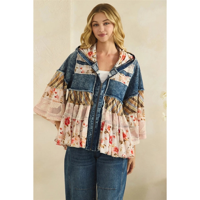 Oli&Hali Tiered Ruffle Hooded Denim Lace Top