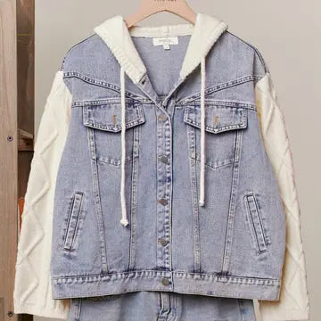 Cable Knit Sleeve Denim Jacket - Mello