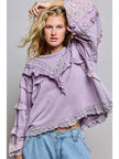 French Terry Eyelet Ruffle Vintage Washing Solid Knit Top - POL