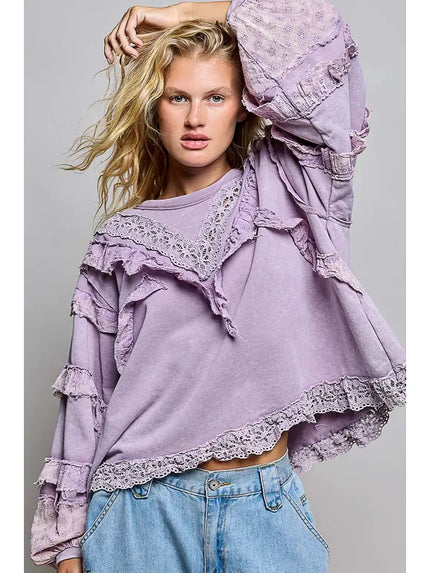 French Terry Eyelet Ruffle Vintage Washing Solid Knit Top - POL