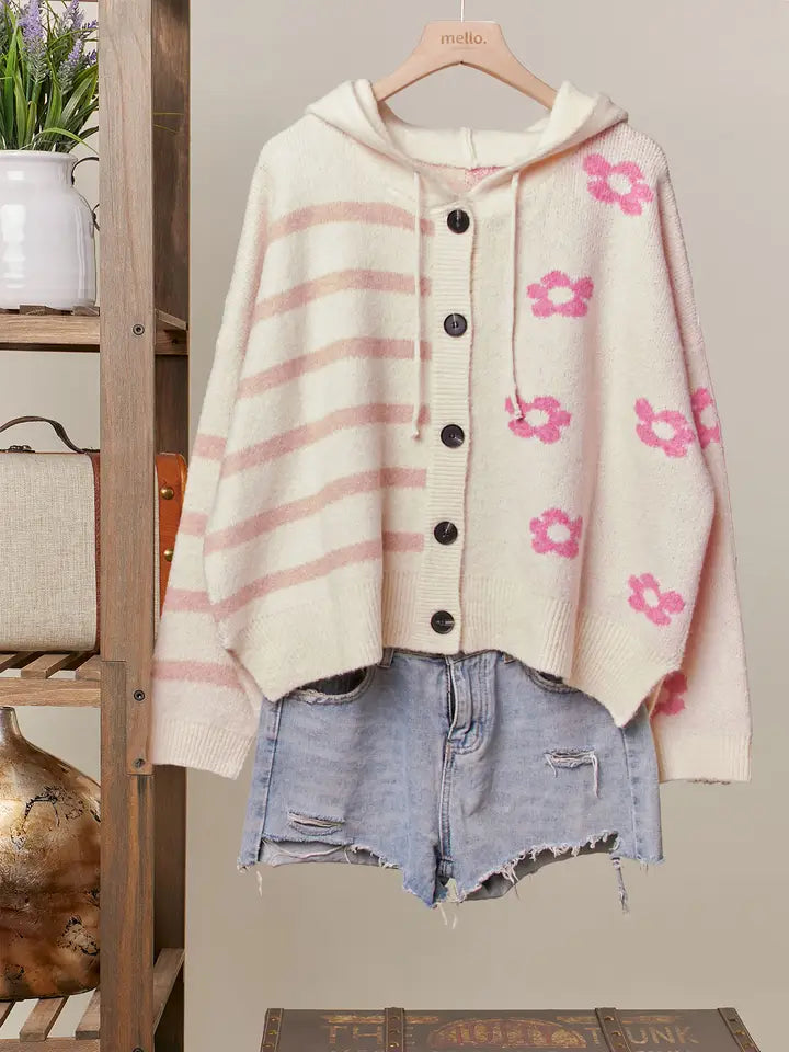 Pink Floral Stripe Hooded Cardigan - Mello