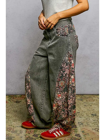 Textured Twill Floral Pattern Pants - POL