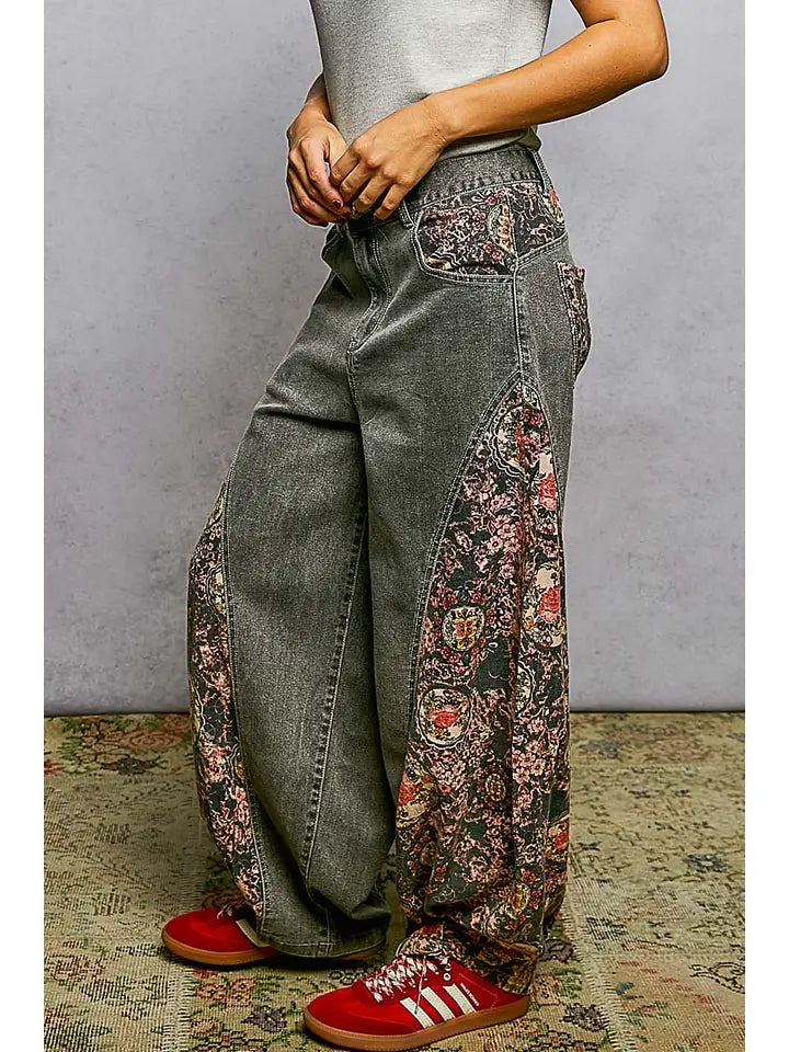 Textured Twill Floral Pattern Pants - POL