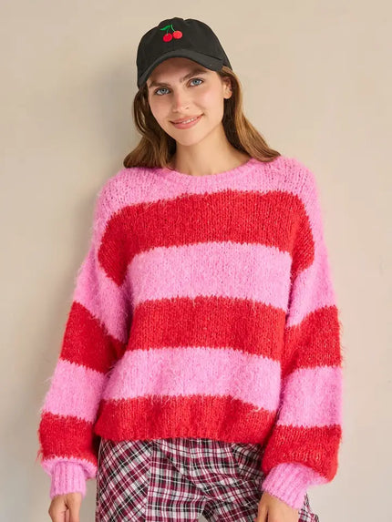 Striped Pink/Red Knit Sweater & Scarf - Jade By Jane