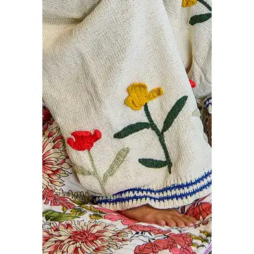 3D Embroidered Cream Chenille Pants - POL