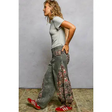 Textured Twill Floral Pattern Pants - POL