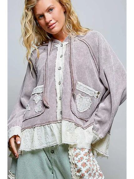 Vintage Wash Button Down Lace Thermal Hoodie Top - POL