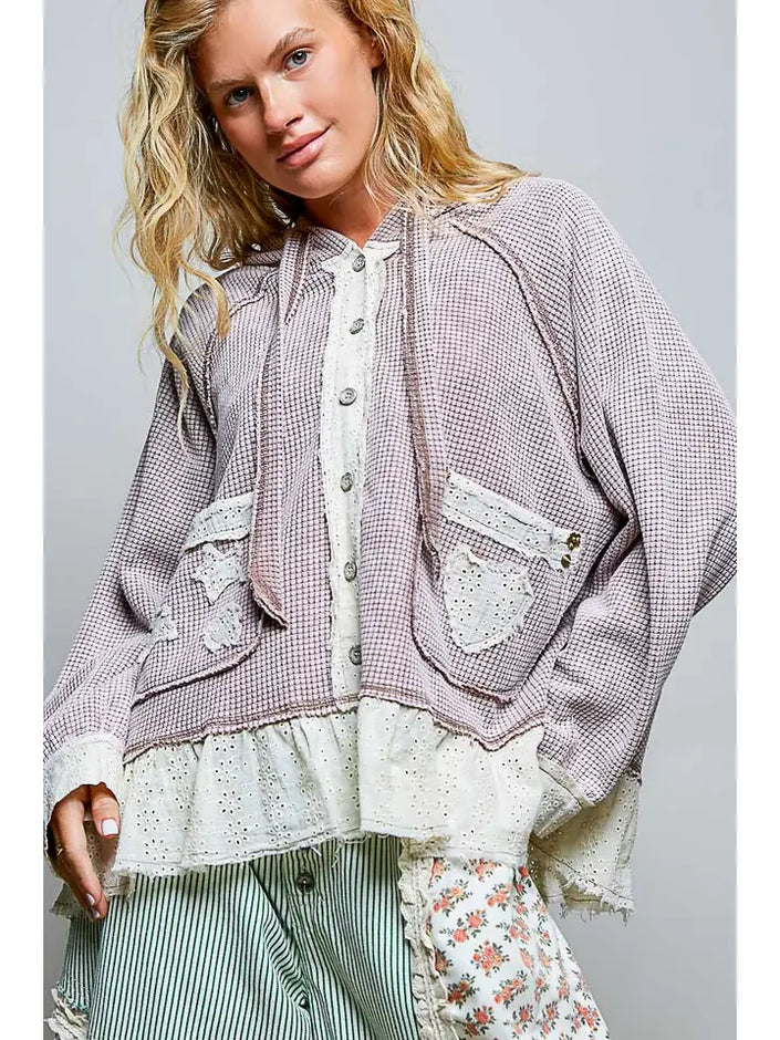 Vintage Wash Button Down Lace Thermal Hoodie Top - POL
