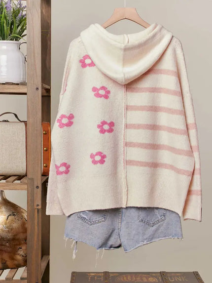 Pink Floral Stripe Hooded Cardigan - Mello