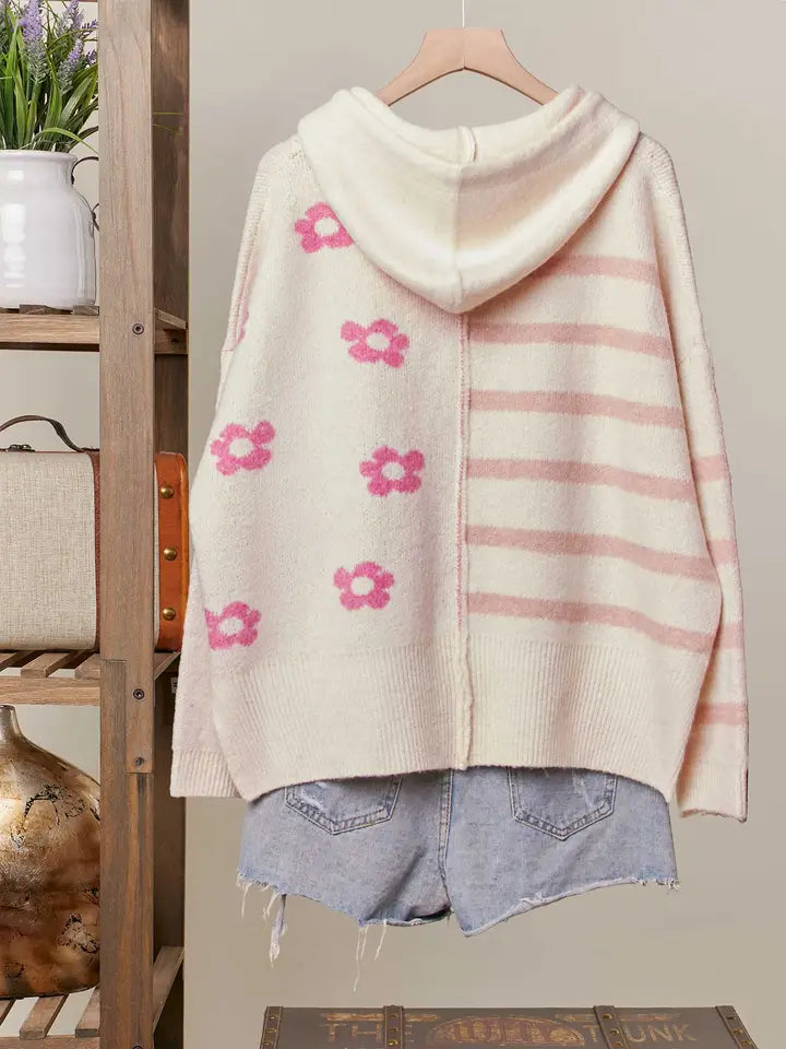 Pink Floral Stripe Hooded Cardigan - Mello