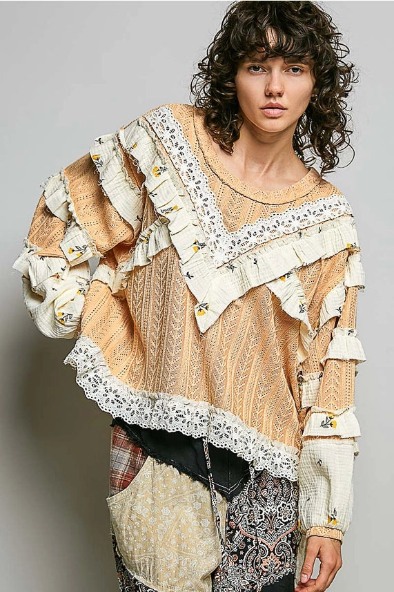 Chevron Peach Knit Lace Ruffle L/S Top - POL