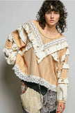 Chevron Peach Knit Lace Ruffle L/S Top - POL