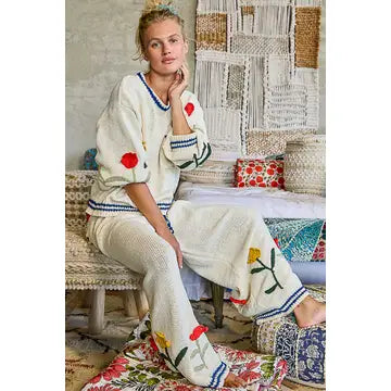3D Embroidered Cream Chenille Pants - POL