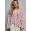 Pink V-Neck Hooded Cable Knit Chenille Sweater - POL