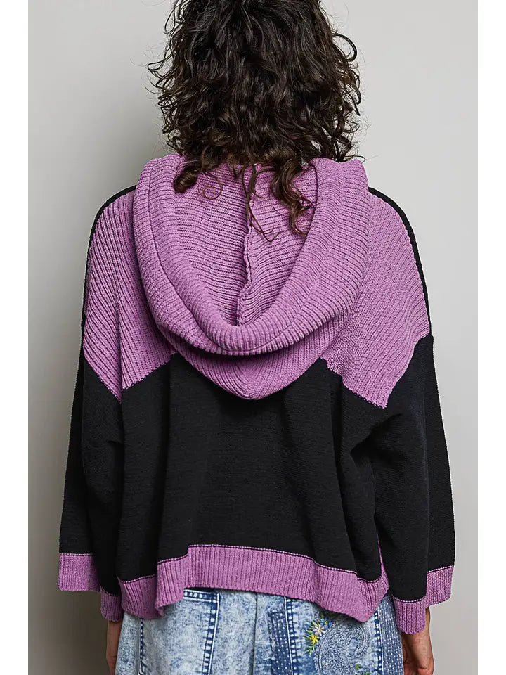 Hooded Drawstring Black Chenille Sweater - POL