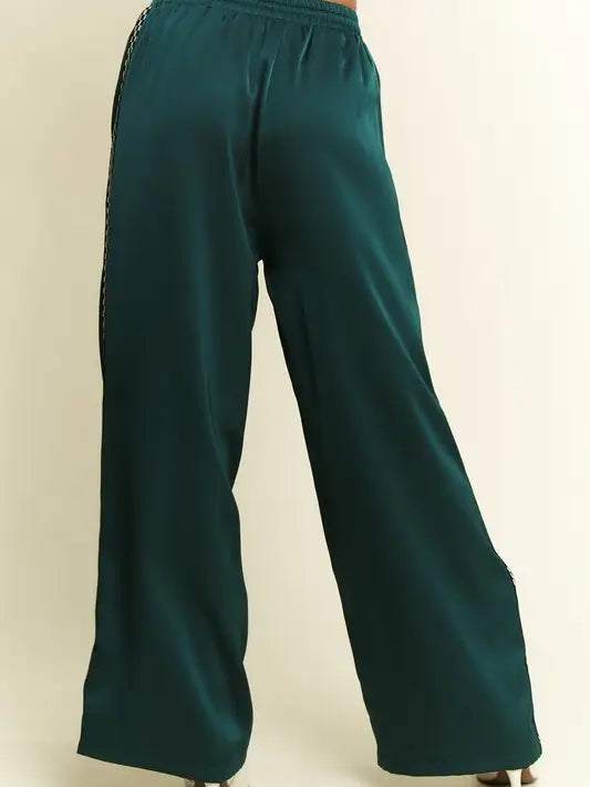 Green Satin Sweatpants w/Side Checkerboard - Jade By Jane