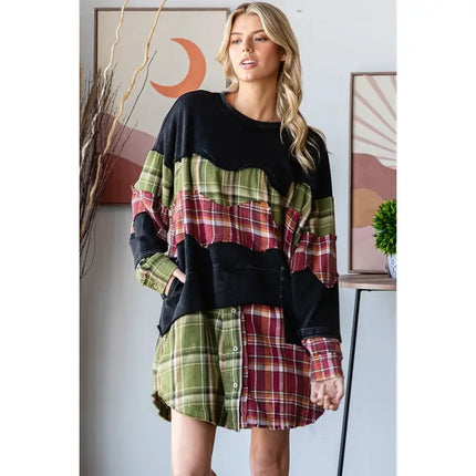 Oli&Hali Black Patchwork Plaid Tunic Top