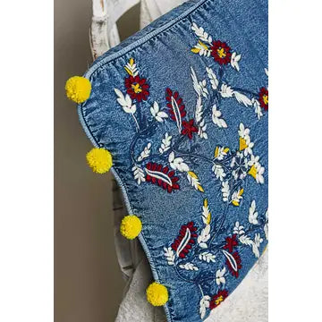 Botanical Pom-Pom Accent Denim Cushion - POL