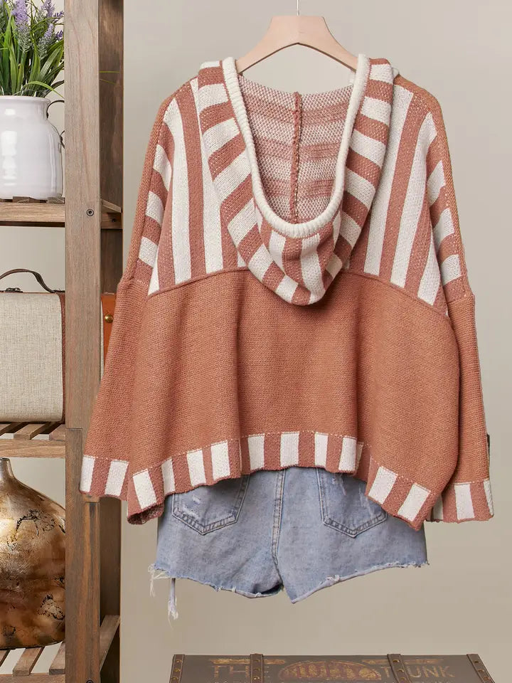 Color Block Stripe Hoodie Rust Sweater - Mello