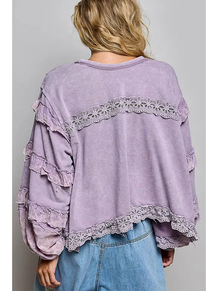 French Terry Eyelet Ruffle Vintage Washing Solid Knit Top - POL